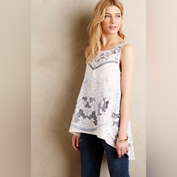 Anthropologie HD Paris Bellflower Linen Women’s Embroidered Floral Blue Tank 6 - Picture 1 of 8